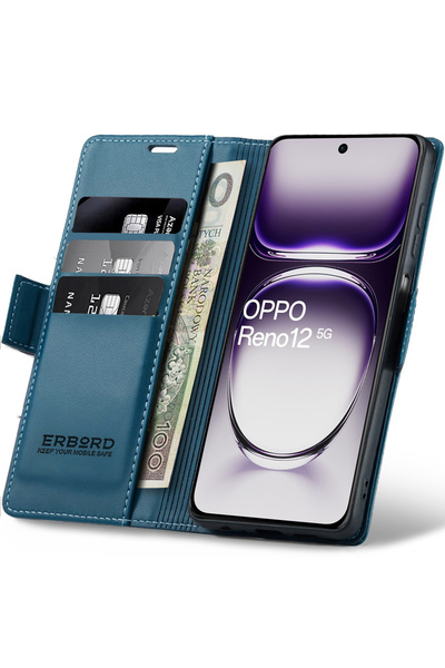 ERBORD Husă Oppo Reno 12, Litchi lucios, Portofel cu clapetă, Albastru