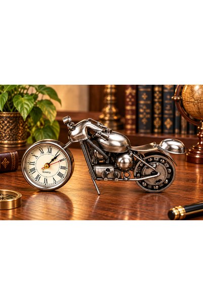 hediyeconcepti Antique Silver Colored Decorative Motorcycle Table Clock Nosta...