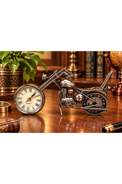 hediyeconcepti Antique Silver Colored Decorative Motorcycle Table Clock Nosta...