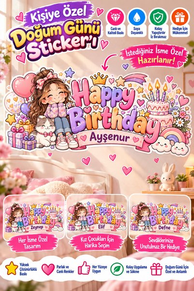 CraftSticker Kişiye Özel Happy Birthday Doğum Günü Etiketi – Prenses ve Paste...