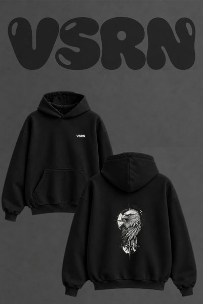 VSRN Eagle Compass Design Back Printed Oversize Black Hooded Sweatshirt