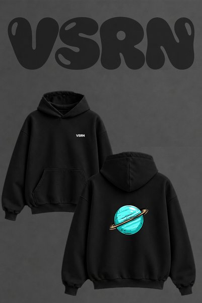 VSRN Planet Halkali Design Back Printed Oversize Black Hooded Sweatshirt
