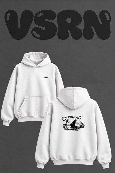 VSRN Sphinx Pyramids Design Back Printed Oversize White Hooded Sweatshirt