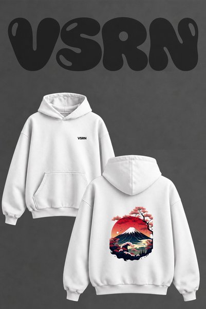 VSRN Fuji Sakura Design Back Printed Oversize White Hooded Sweatshirt