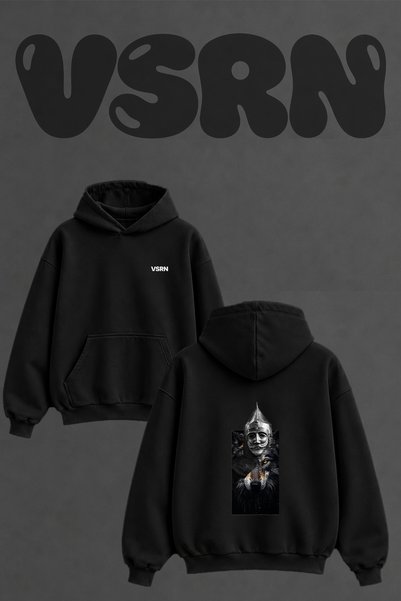 VSRN Savasci Mask Wolf Design Back Printed Oversize Black Hooded Sweatshirt
