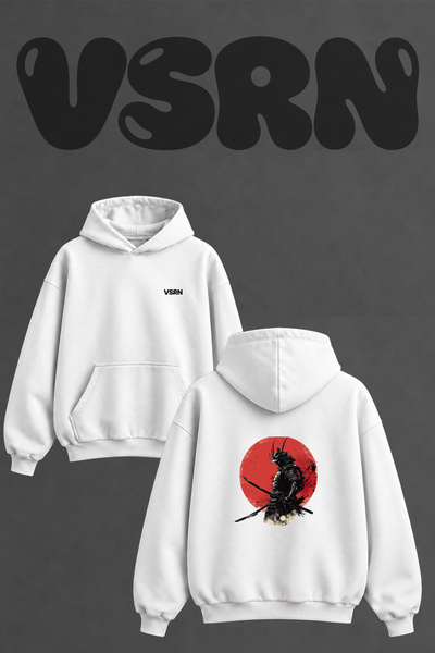 VSRN Japanese Samurai_2 Design Back Printed Oversize White Hooded Sweatshirt