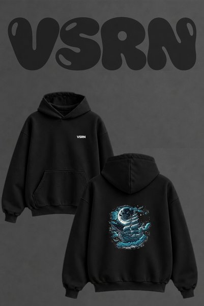 VSRN Ship Moon Design Back Printed Oversize Black Hooded Sweatshirt