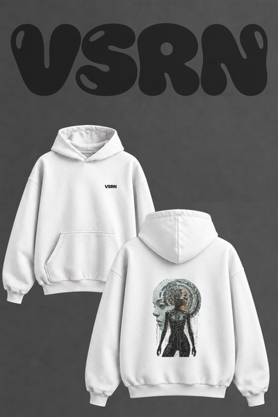 VSRN Aı Woman Design Back Printed Oversize White Hooded Sweatshirt
