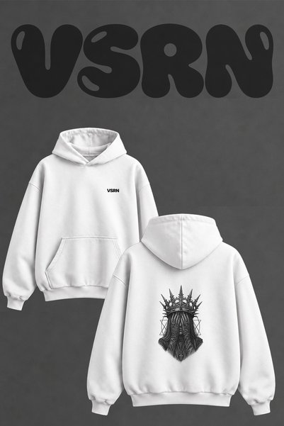 VSRN Gothic Queen Design Back Printed Oversize White Hooded Sweatshirt