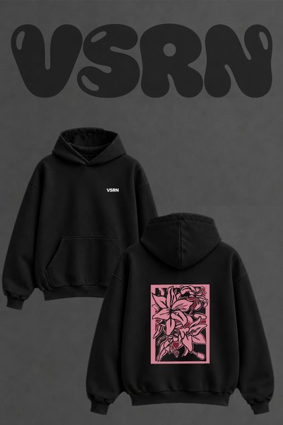 VSRN Fuchsia Flower Design Back Print Oversize Black Hooded Sweatshirt