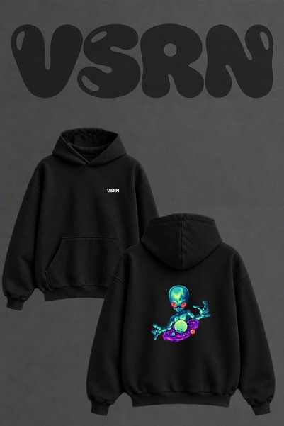 VSRN Green Alien Design Back Printed Oversize Black Hooded Sweatshirt