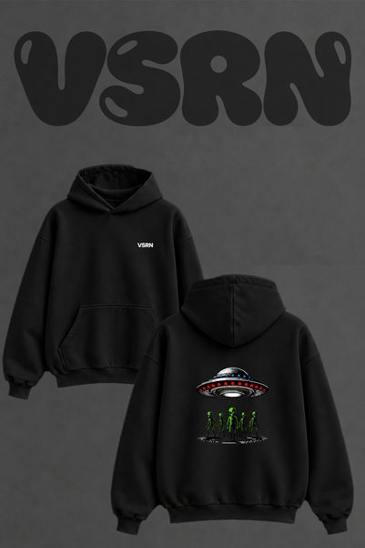 VSRN Ufo Alien Design Back Printed Oversize Black Hooded Sweatshirt