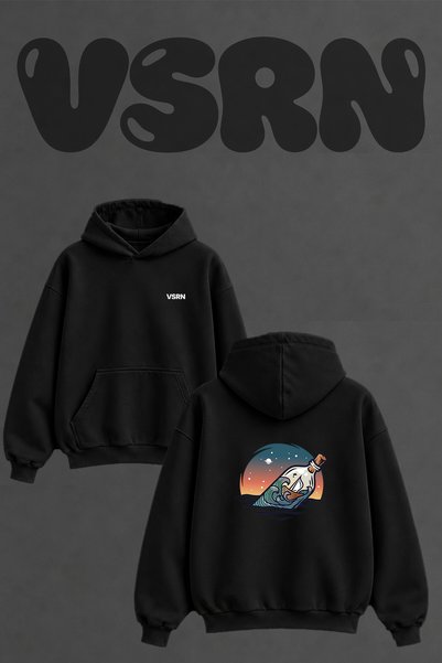 VSRN Sise Tekne Uzay Design Back Printed Oversize Black Hooded Sweatshirt