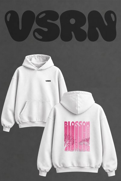 VSRN Cherry Blossom Design Back Print Oversize White Hooded Sweatshirt