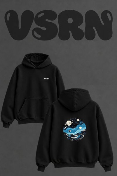 VSRN Space Waves Design Back Printed Oversize Black Hooded Sweatshirt
