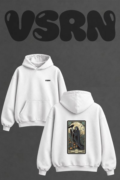 VSRN Death Tarot Design Back Printed Oversize White Hooded Sweatshirt