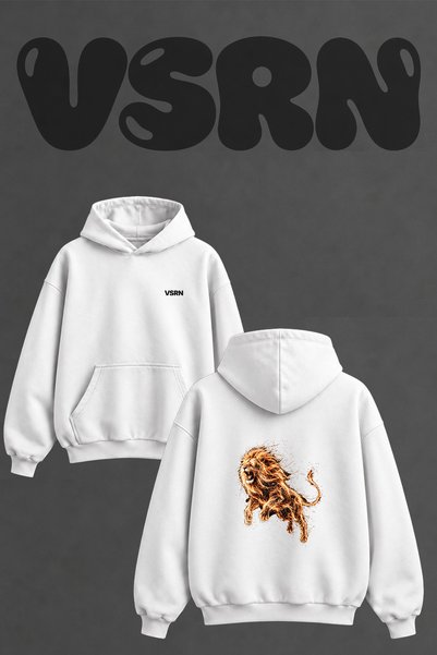 VSRN Fire Lion Design Back Printed Oversize White Hooded Sweatshirt