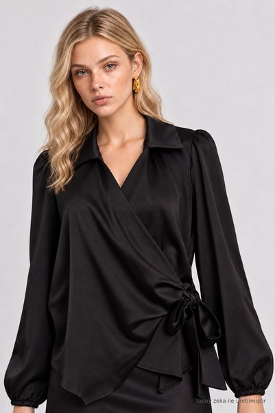 Lovelyİstanbul Shirt Collar Wrap-Around Satin Surface Blouse Lgk0010 Black