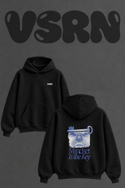 VSRN Mind Key Design Back Printed Oversize Black Hooded Sweatshirt