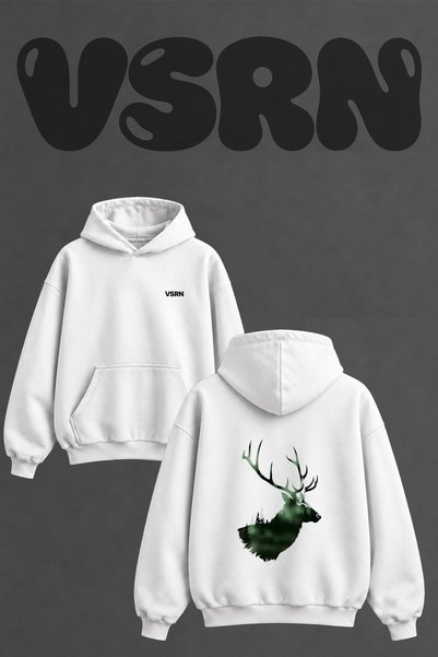 VSRN سويت شيرت أبيض كبير الحجم بطباعة على الظهر من Deer Forest Design