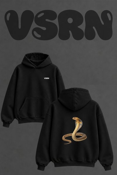 VSRN Cobra Snake Design Back Printed Oversize Black Hooded Sweatshirt