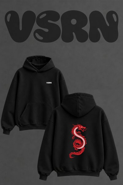 VSRN Chinese Dragon_2 Design Back Print Oversize Black Hooded Sweatshirt