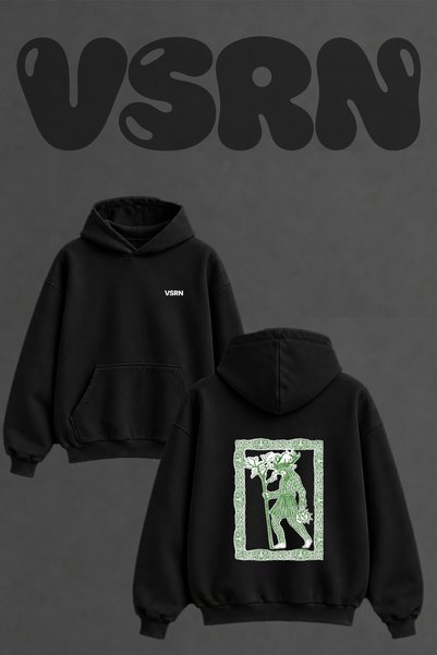 VSRN Green Man Design Back Printed Oversize Black Hooded Sweatshirt