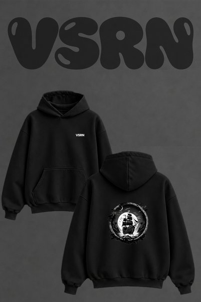 VSRN Pirate Ship Design Back Printed Oversize Black Hooded Sweatshirt