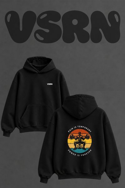 VSRN Barbell Squat Design Back Printed Oversize Black Hooded Sweatshirt