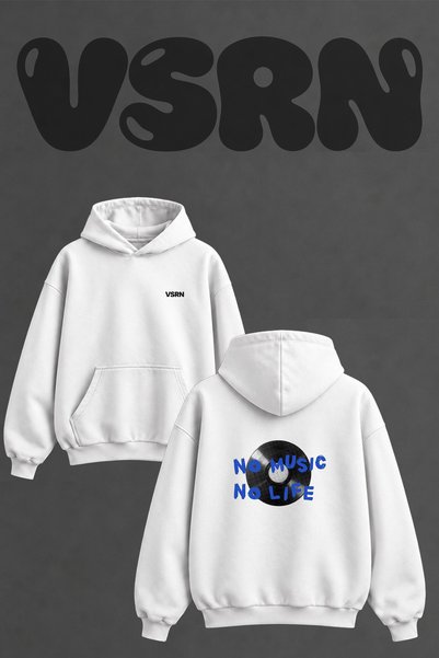VSRN No Music No Life Design Back Printed Oversize White Hooded Sweatshirt