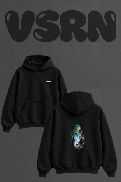 VSRN Feather Deer Design Back Printed Oversize Black Hooded Sweatshirt