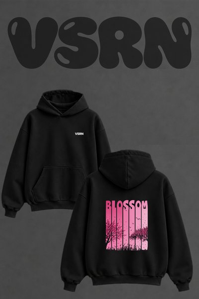 VSRN Cherry Blossom Design Back Print Oversize Black Hooded Sweatshirt