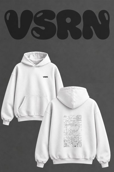 VSRN Adam Science Design Back Printed Oversize White Hooded Sweatshirt
