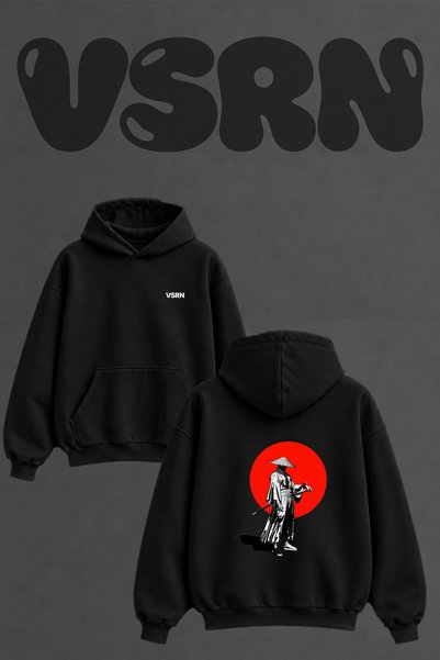 VSRN Samurai Ronin Design Back Printed Oversize Black Hooded Sweatshirt