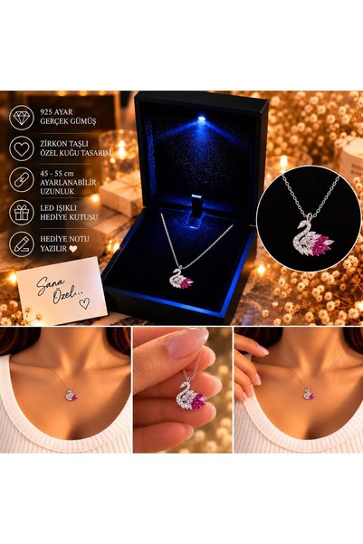 925 Ayar Gümüş Zirkon Taşlı Pembe Kuğu Kolye LED Işıklı Hediye Kutulu Ayarlanabilir Zincirli Kadın Kolyesi
