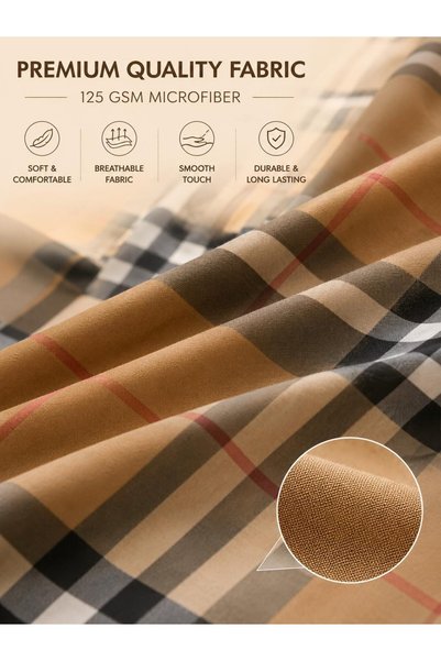 Generic MZDT 3-Piece Flat Bedsheet Set – 100% Cotton, 125 GSM, 1 Flat Sheet & 2 Pillowcases, Soft, Breathable & Durable (Check Print, Queen)