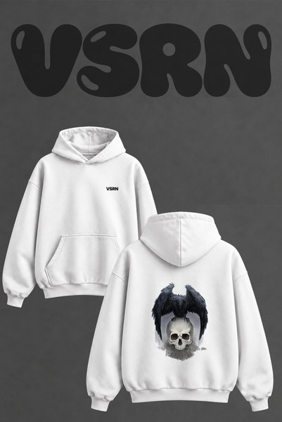 VSRN Raven Skull Design Back Printed Oversize White Hooded Sweatshirt