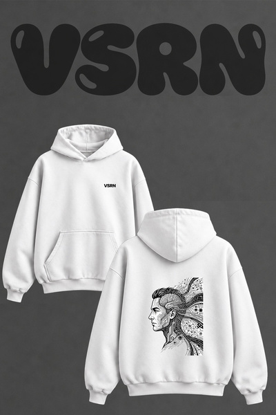VSRN Artificial Intelligence Design Back Printed Oversize White Hooded Sweats...