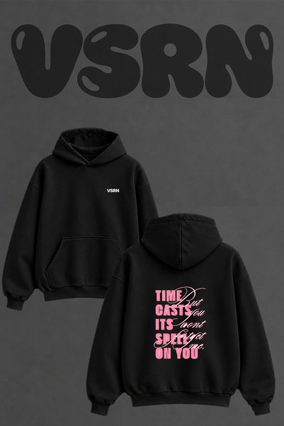 VSRN Glitter Quote Design Back Printed Oversize Black Hooded Sweatshirt