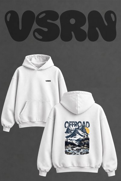 VSRN Offroad 4X4 Design Back Printed Oversize White Hooded Sweatshirt