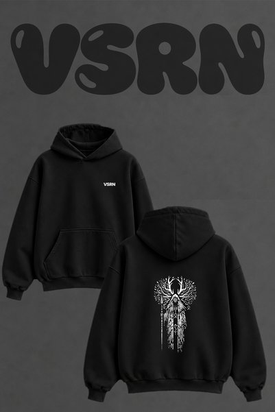 VSRN Agac Runik Saman Tasarım Back Printed Oversize Black Hooded Sweatshirt