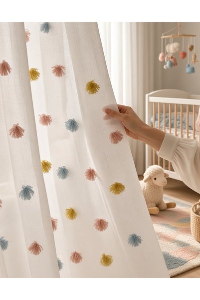 GROSTER SPOR Perdea din tul Noul sezon, cu pompon, plisată, cu ciucuri, anti-...