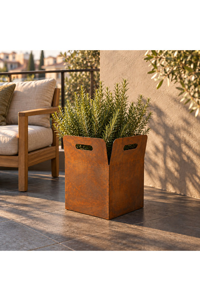 Kulplu Kutu Metal Saksı 40 × 40 × 55 cm