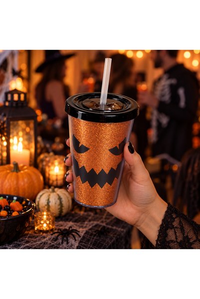 SHOPIENS Pahar Halloween Cu Glitter Portocaliu Si Pai 350 ml Shopiens®