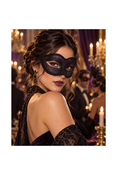 SHOPIENS Masca Carnaval Dama Neagra Cu Broderie Si Glitter Mov Shopiens®