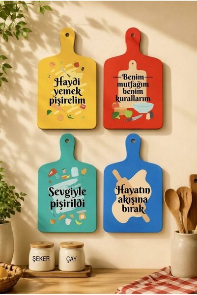 mebaconcept Ahşap Mutfak Duvar Dekoru 4'lü Set Lazer Kesim Renkli Mutfak Yazı...