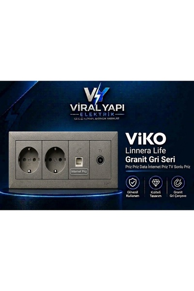 VİKO Linnera Life Granit Gri Dörtlü Set Priz+Priz+Tv+Telefon prizi+Çerçeve