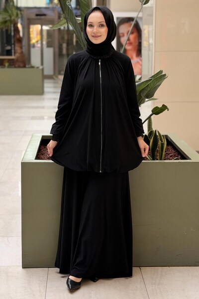 Nurcan Çetin Glittery Ribbed Detailed Front Zipper Jacket and Trousers Set