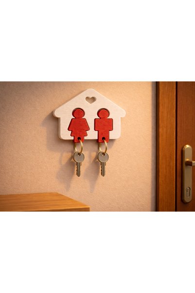LİYA3D House-Shaped Keychain Hanger with 2 Figures, Wall-Mounted Key Holder, ...