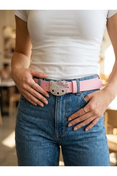Aksabeltchokers 4.cm kitty taşlı tokalı pembe kemer
